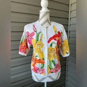 DESIGN OPTIONS Vintage Short Sleeve Cardigan Sweater Colorful Lily Sz S